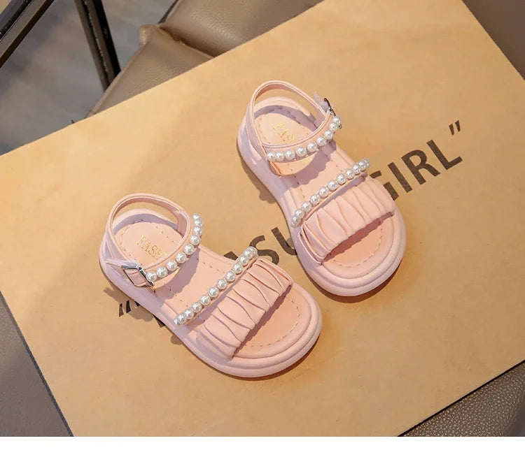 Girls Sandals Pleated Ins Trendy Kids Princess Shoes Beads Sweet Soft Sole 2025 Summer New Children Beach Shoes Open Toes Cute