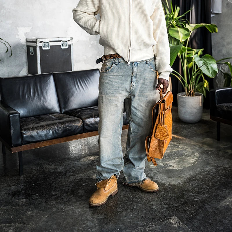 Calça jeans unissex estilo casual de rua, estilo ins, corte reto, lavagem envelhecida retrô, usada, novidade primavera 2026, street style americano.