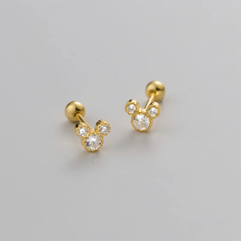 925 Sterling Silver Fashion Cute Cartoon Mouse Screw Bead Stud Earrings for Women Simple Chic Girl Party Jewelry Gifts