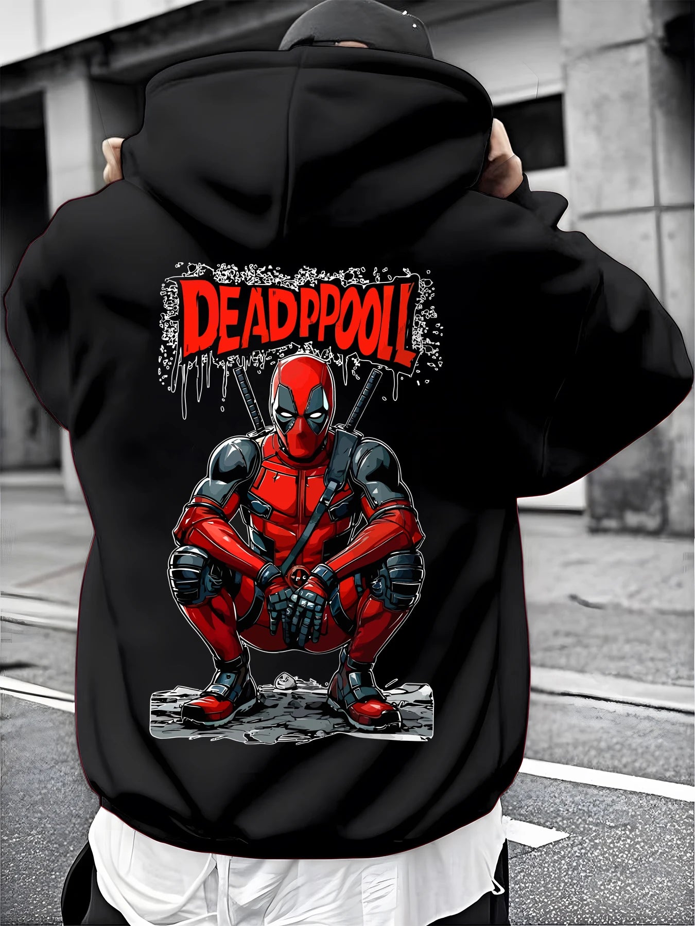 Moletom Masculino Preto com Estampa Vermelha Deadpool Padrão de Super-herói Pulôver Marvel 100% Algodão Estilo Casual de Rua com Bolso Frontal