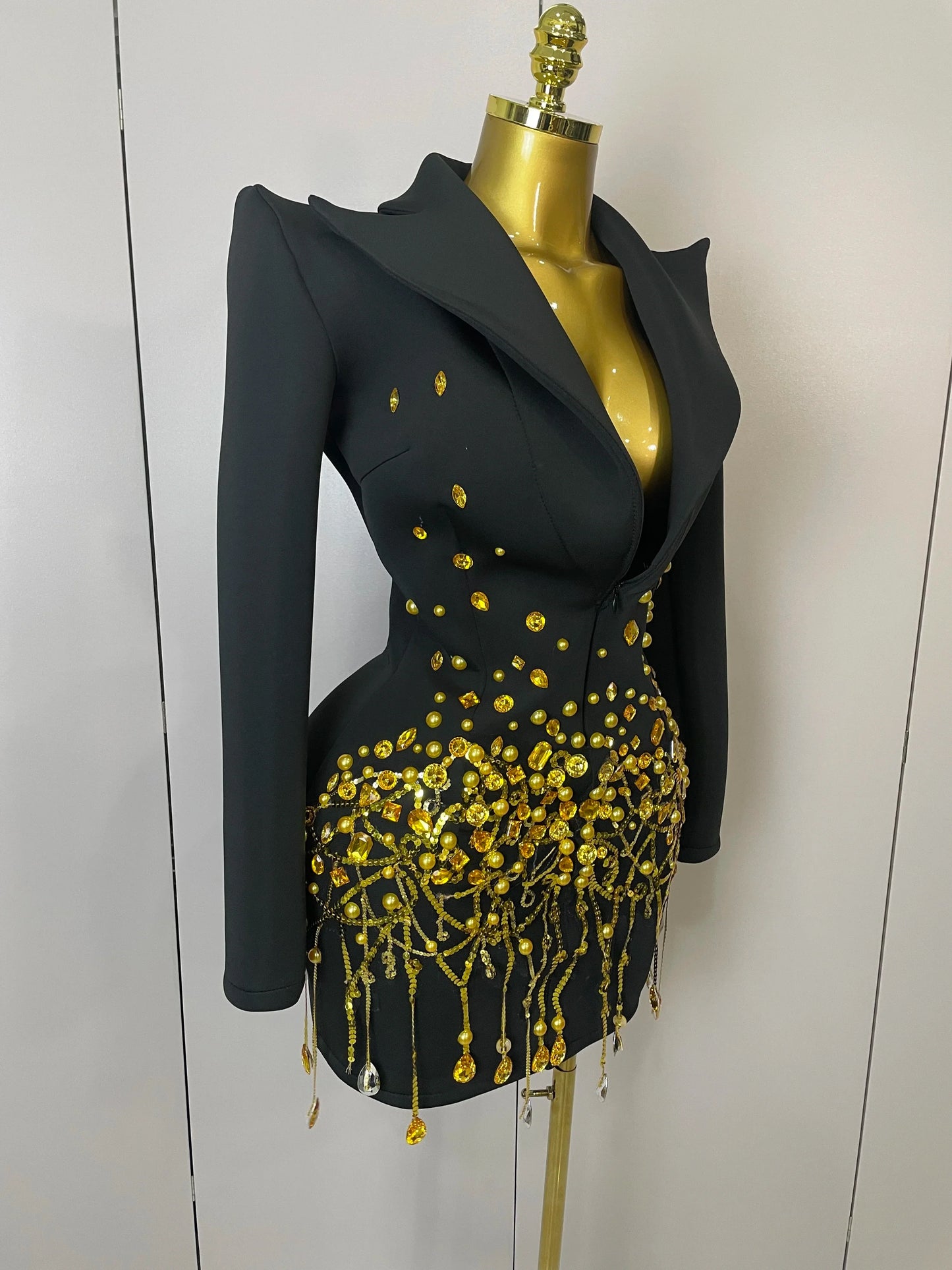Crystal Chains Pearls Long Sleeve Mini Dress 2025 Women Birthday Evening Party Nightclub Outfit Singer Wedding Costume