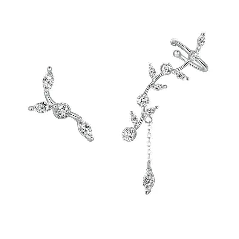 Genuine 925 Sterling Silver Plum Flower Branch Asymmetric Stud Earrings for Women Clear CZ Fine Jewelry 3 Colors SCE429
