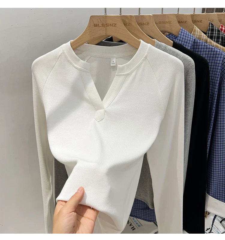 2026 Women's Basic Style Slim Fit V-Neck Long Sleeve T-Shirt Korean Style Versatile Simple Base Layer Top Casual Tee for Women