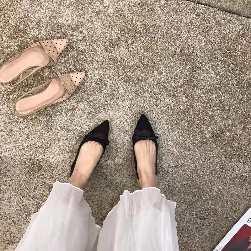 Sandals Women Flat Baotou  Mesh Breathable Bow-knot Sandalias Fashion Summer Low Heels Pointed Shoes Female