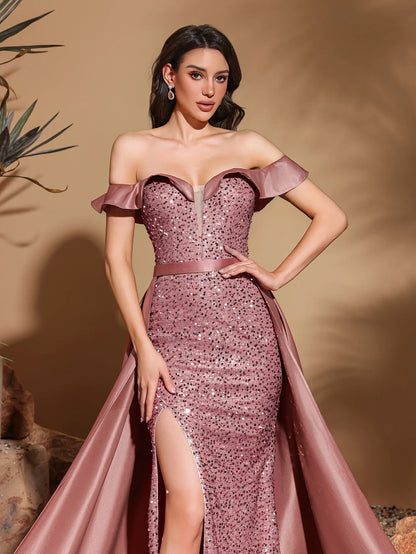 Sequined off-the-shoulder pleated collar satin floor-length dress