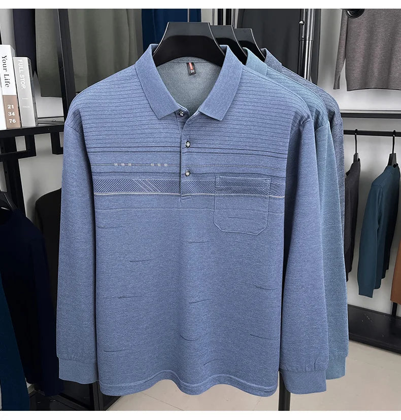 High quality striped printed long sleeve polo shirt men's fashion light luxury pocket autumn new business casual lapel T-shirt