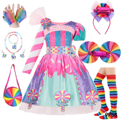 New Candy Dress Lollipop Cosplay Costume Rainbow Dress Carnival Purim Party Princess Dress Long Short Sleeves Candies Dresses