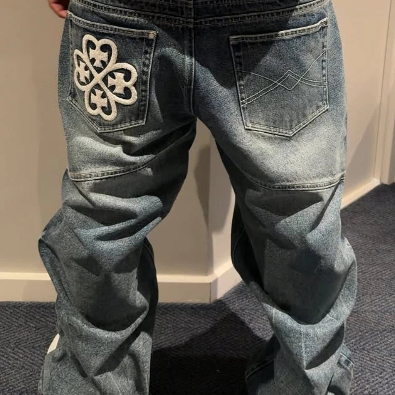 Y2K Vintage Ripped Jeans Patchwork Pocket Flower Embroidery Blue Bootcut Denim Pants American Style Hip Hip Unisex Baggy Pants