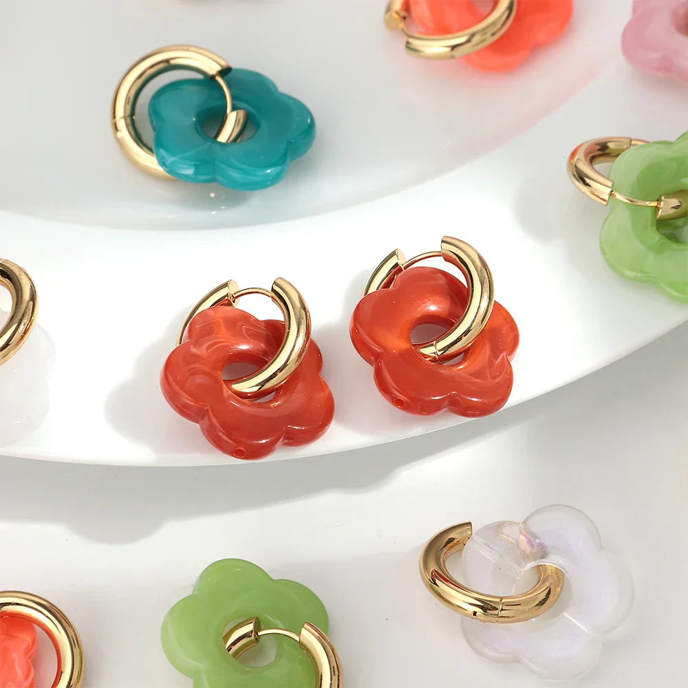Colorful Flower Resin Acrylic Charms Earring Gold Color Circle Ear Buckle Hoop Earrings Fashion Jewelry for Women