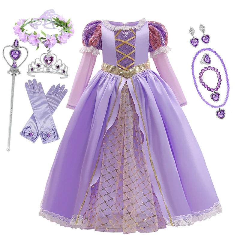 Girls Rapunzel Dress Kids Tangled Disguise Carnival Girl Princess Costume Birthday Party Gown Outfit Clothes 2-10 Years