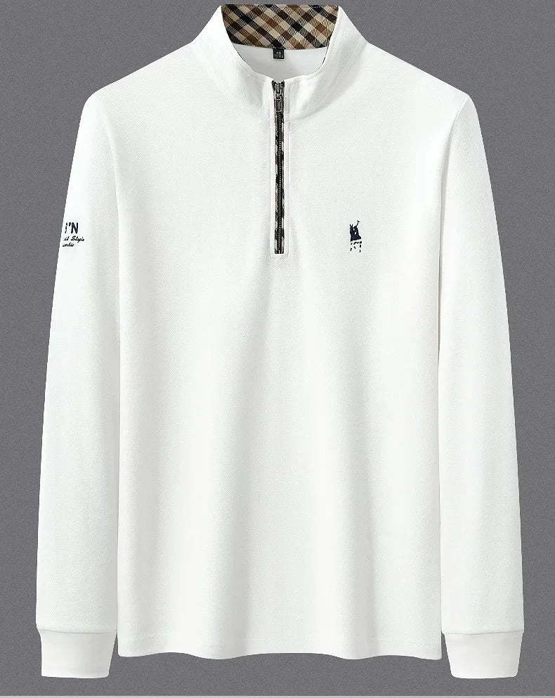 Luxury new Half Zipper Long Sleeve T-shirt 100% Cotton Brand Embroidered Stand Collar Men's Clothing Autumn Casual polo shirt