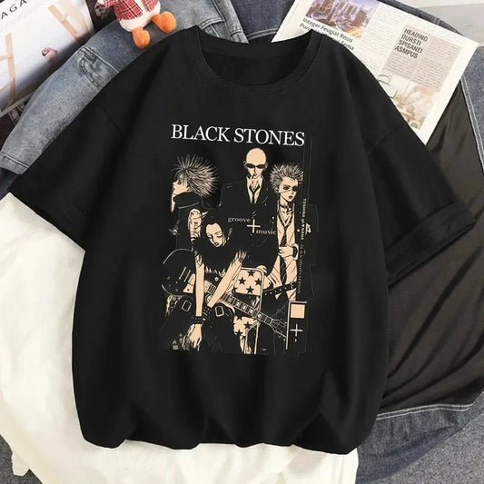 Anime T-shirt Cartoon Print Unisex Tops Black Stones Streetwear Sweatshirt Men Women Tees Female Streetwear