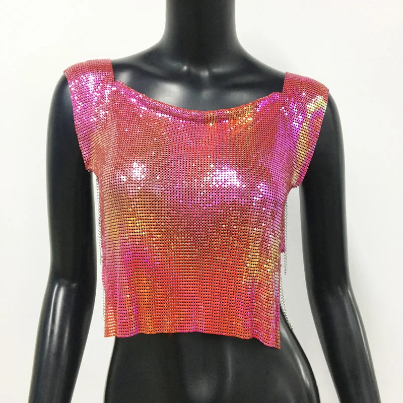 Women Metal Sequins Crop Tops Sexy Hollow Out Sleeveless Backless Y2k Tank Tops Nightclub Party Rave Festival Camisole 2023 New
