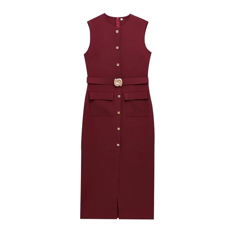 Womens Dresses Black Office Long Dresses for Women Spring Sleeveless Midi Dress Woman Belt Button Women's Dress Vest