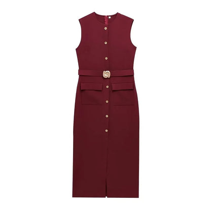 Womens Dresses Black Office Long Dresses for Women Spring Sleeveless Midi Dress Woman Belt Button Women's Dress Vest