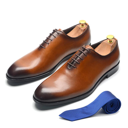 Brand Designer Whole Cut Oxford Dress Shoes Men Genuine Leather Handmade Lace Up Plain Toe Business Office Formal Wedding Shoe