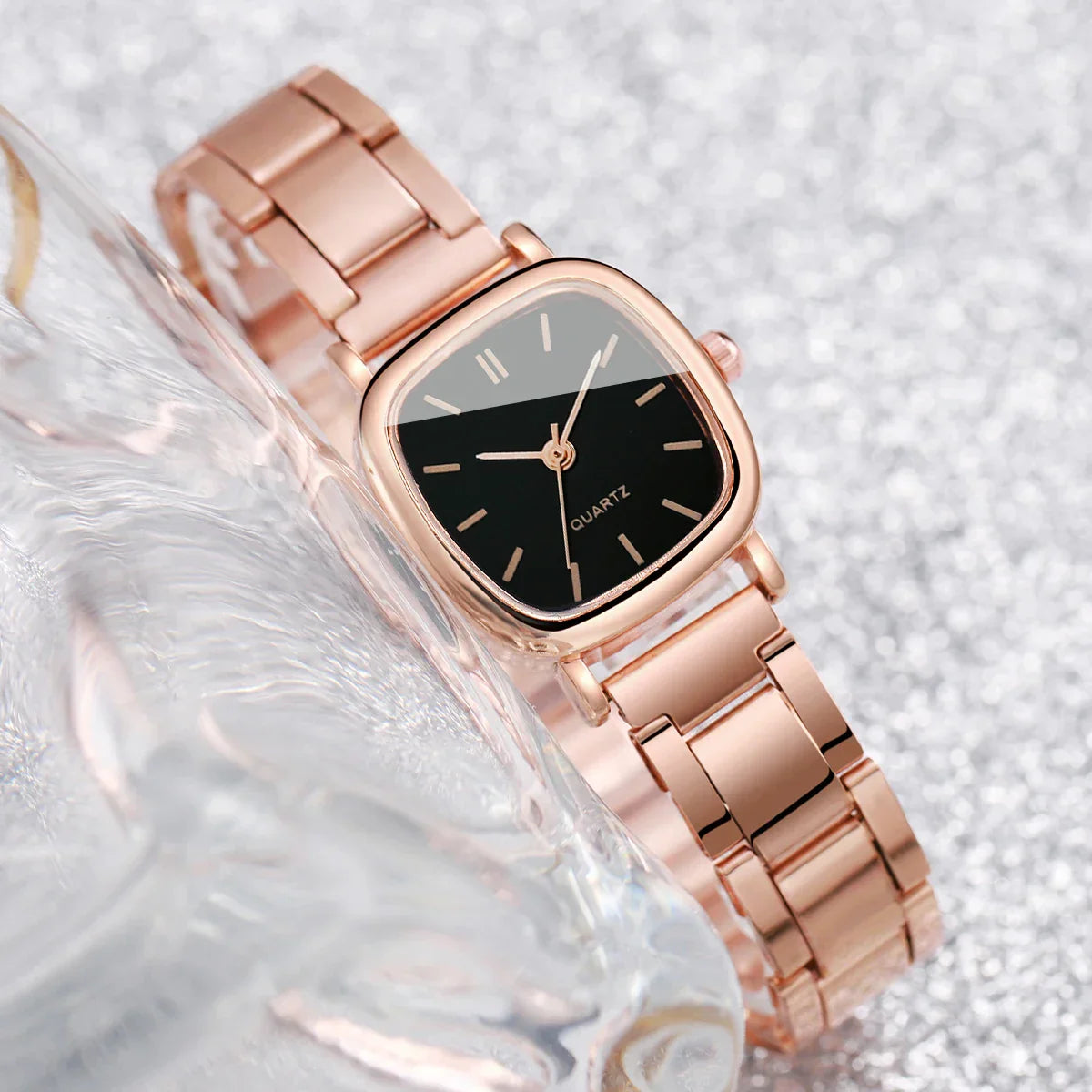 2PCS/Set Women's Watch Fashion Square Stainless Steel Band Quartz Watches Heart Bracelet Set