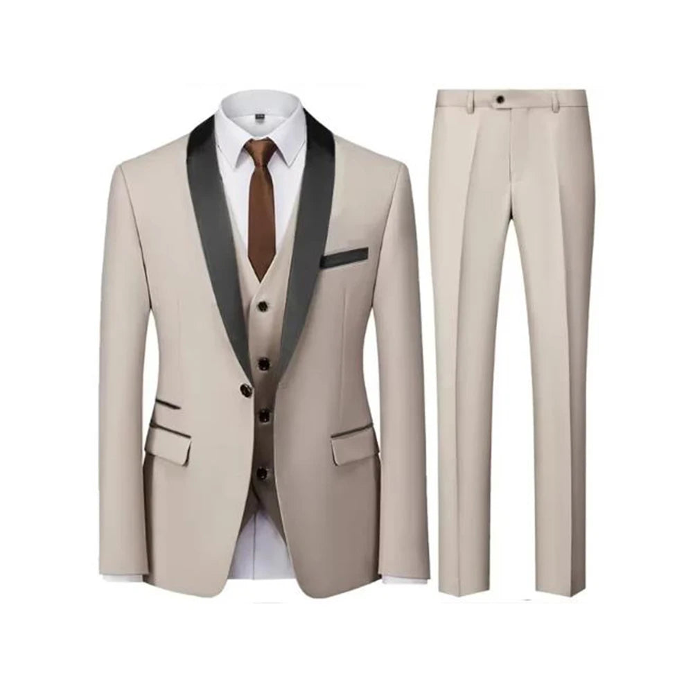 Conjunto Masculino Terno 3 Peças Smoking Um Botão Gola Xale de Cetim Slim Fit Blazer Colete Calças Para Formal Negócios Casamento Noivo