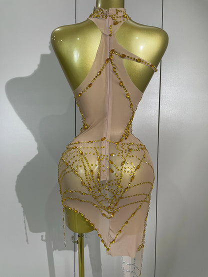 Sparkly Diamond Sexy Mesh Asymmetric Bodycon Mini Dress Women Nightclub Bar Party Show Gogo Dancer Clothing Stage Costume