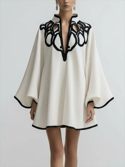Hollowed V-neck Mini Dress for Women Flared Sleeves A-line Pleated Dress 2025 Stylish Contrast Trims Elegant Party Dress