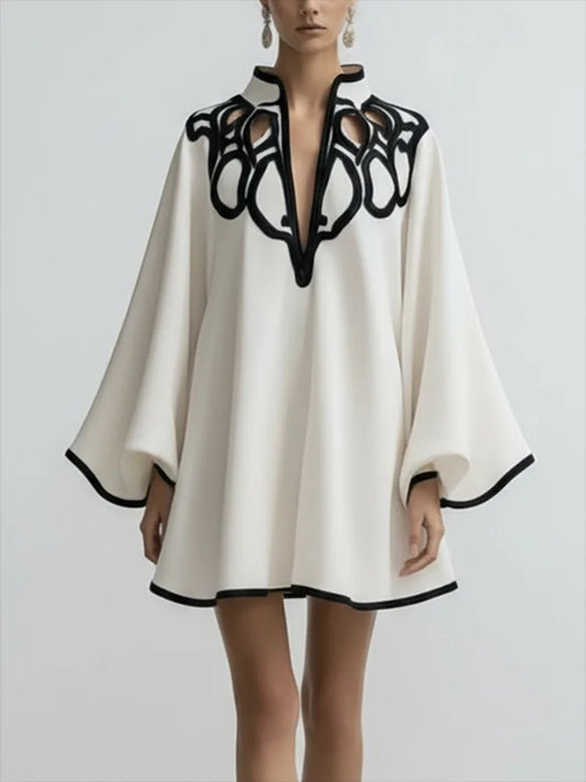 Hollowed V-neck Mini Dress for Women Flared Sleeves A-line Pleated Dress 2025 Stylish Contrast Trims Elegant Party Dress