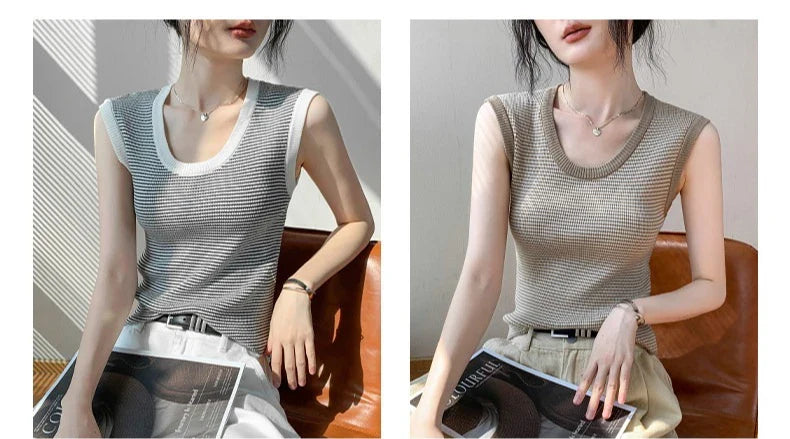 2026 Spring Summer O-Neck Striped Vest Top Simple Slim Fit Sleeveless Casual Versatile Women's Tank Top