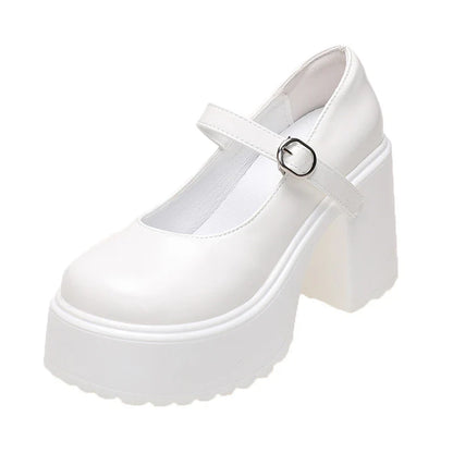 Chunky Platform High Heels Pumps Women 2023 Autumn Pu Leather Ankle Buckle Mary Jane Shoes Woman Thick Heeled White Lolita Shoes