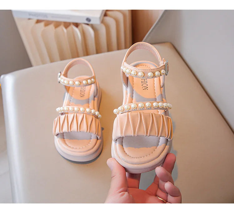 Girls Sandals Kids Summer Shoes Children's Beach Sandals with Pearls Princess Sweet Anti-slippery Open Toes Lace Chic Beading
