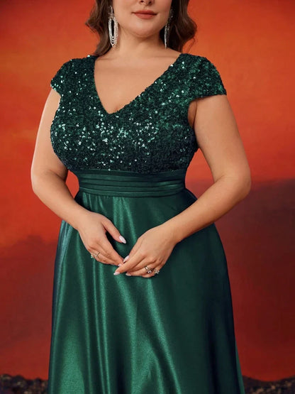 Plus Size Elegant V-Neck Red Sequins Evening Dress Long Luxury Women Satin Sleevesless Party Prom Cocktail Gowns