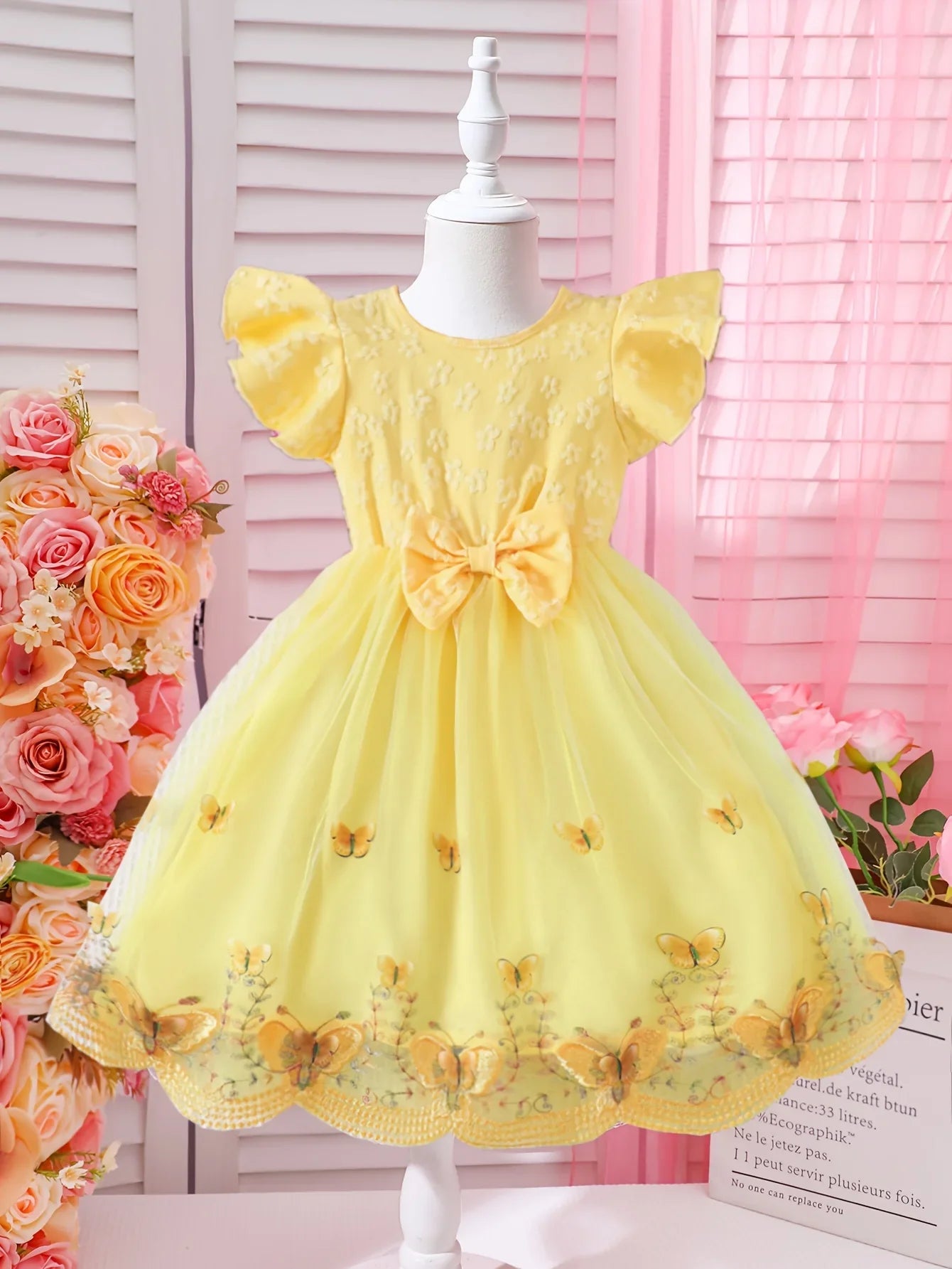 Girls' Summer Woven Flutter Sleeve Three-Dimensional Flower Three-Dimensional Butterfly Mesh Waist Bow Back Collar Open Button Casual Mesh Dress Wedding Party Light Dress Beach Holiday Party Princess Dress Gift