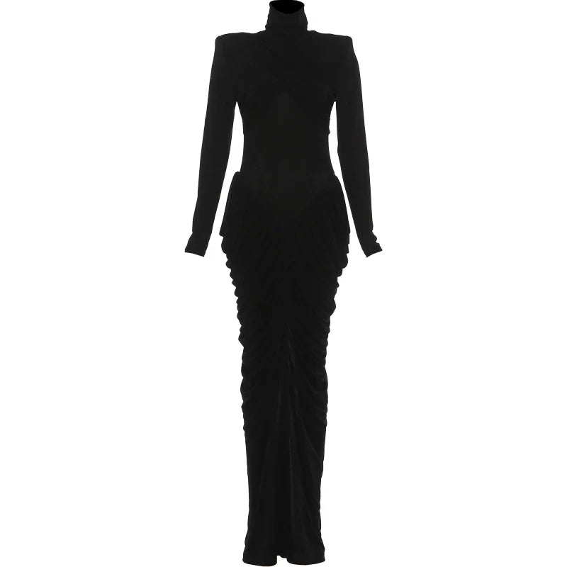 Autumn New Style Maxi Dress Women Turtleneck Full Sleeve Backless Skinny Stretch  Prom Party Ruched Elegant Vestidos