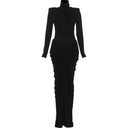 Autumn New Style Maxi Dress Women Turtleneck Full Sleeve Backless Skinny Stretch  Prom Party Ruched Elegant Vestidos