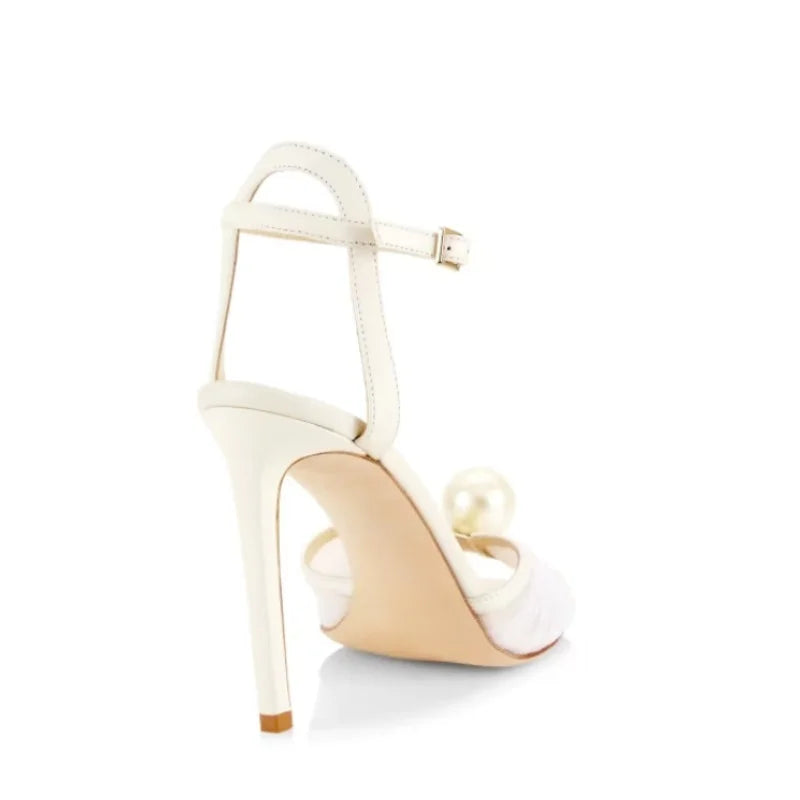 Summer White Mesh Pearl Wedding Shoes Round Toe Super High Heel One Word Buckle Sandals Large Size Sandals