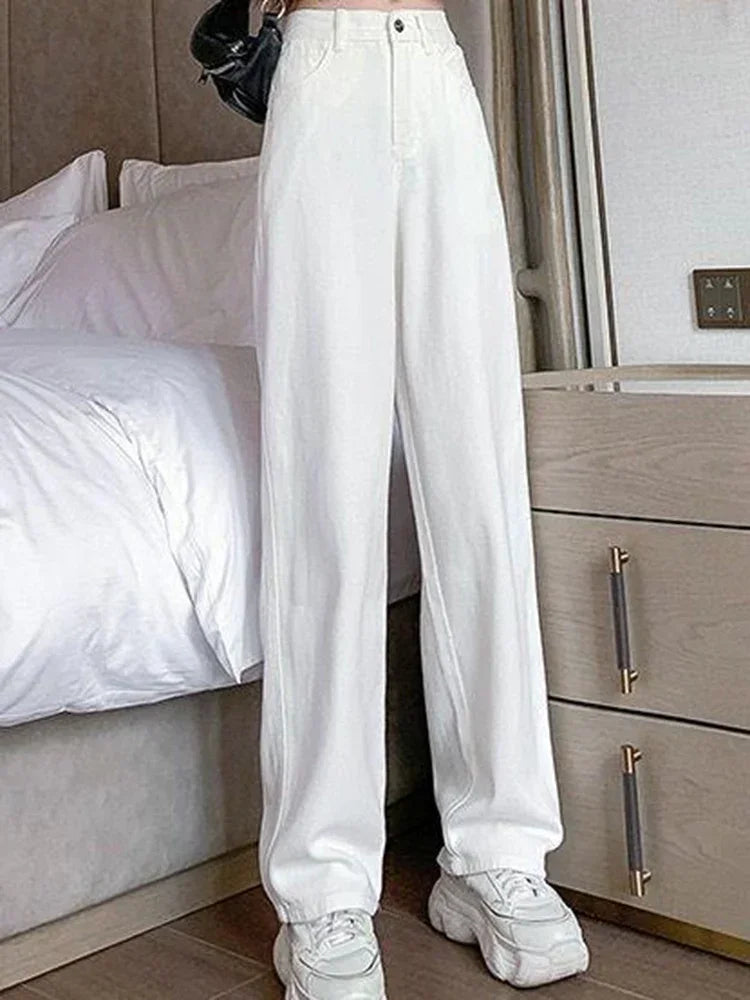 Women Spring High Waist Loose Denim Wide Leg Jeans