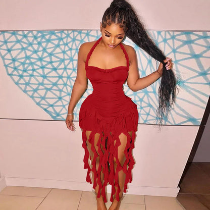 Elegant Halter Solid Ruffles Backless Taseel Sexy Slim Mini Dress Spring Women Cute Outfits Birthday Party Vacation