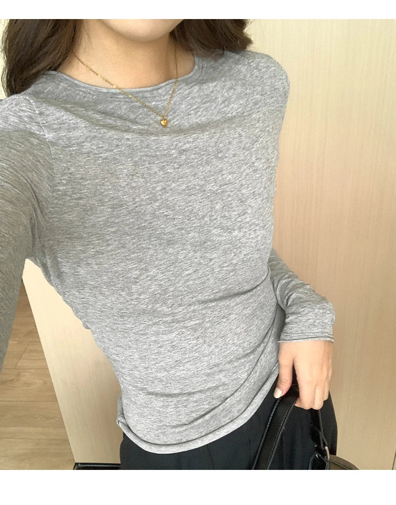 2026 Spring Autumn T shirt Women Tops Solid Slim Fit Long Sleeve O Neck Tshirts Female Casual Streetwear High Quality Base Tees