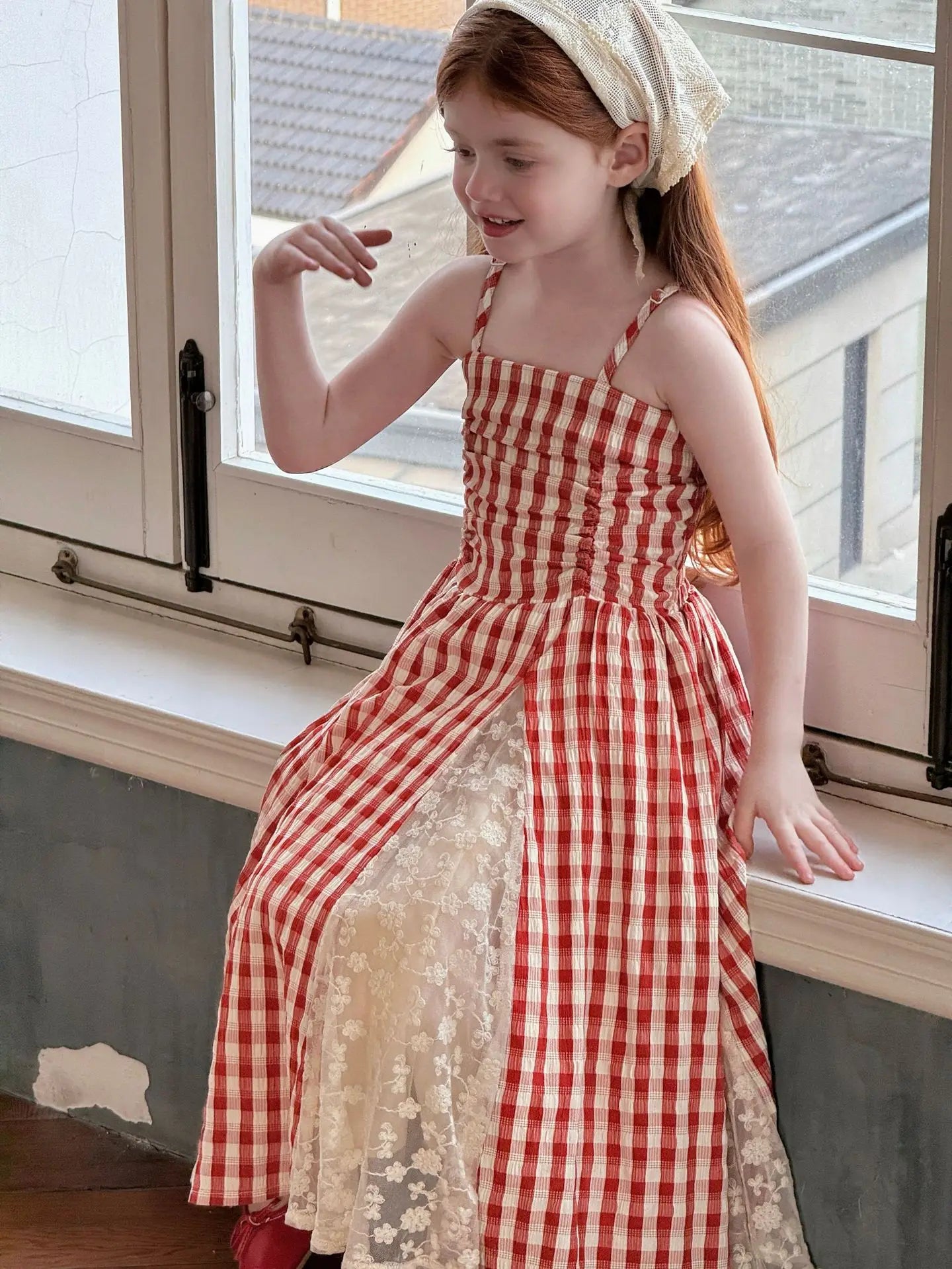 2025 Summer New Children Fairy Long Dress for Girls French Red Checkered Lace Splicing Lace Strap Dress