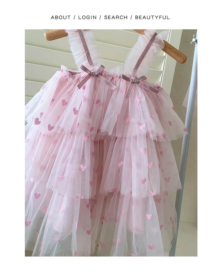 New Summer Baby Girls Party Dress Sleeveless Spaghetti Strap Love Heart Layered Princess Dresses for 3-7Year Old Kids E2310