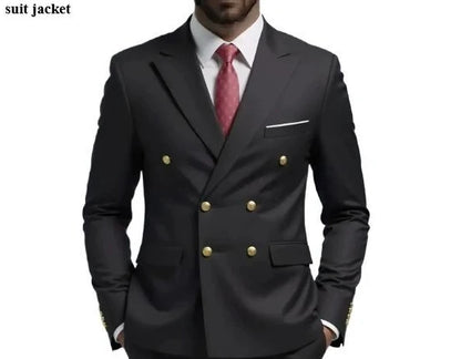 2026Business No-IronDouble-BreastedGolden Button Suit 2pcsTrendy Men's Retro Solid ColorSimpleSlimFit Stylish