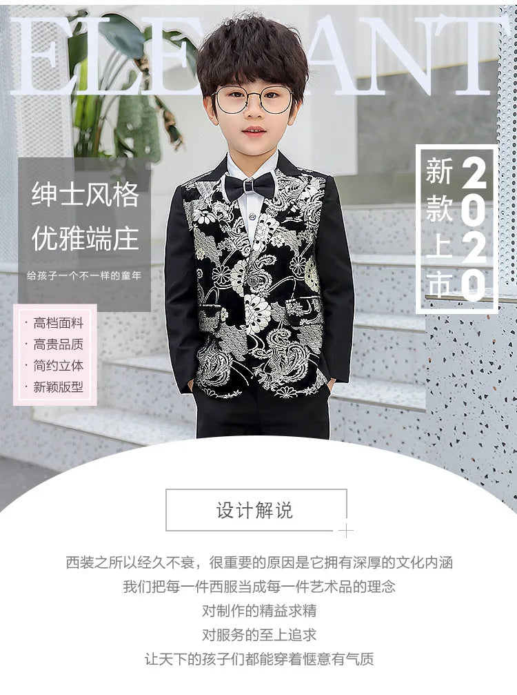 Children Formal Dress Kids Flower Jacket Pants Bowtie 3PCS  Piano Costume Boys Bronzing Show Host Handsome Photography Suit