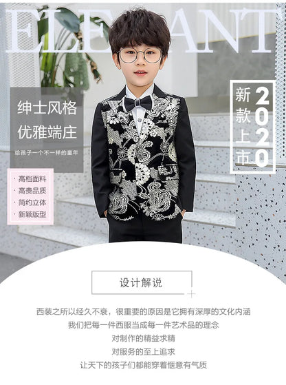 Children Formal Dress Kids Flower Jacket Pants Bowtie 3PCS  Piano Costume Boys Bronzing Show Host Handsome Photography Suit