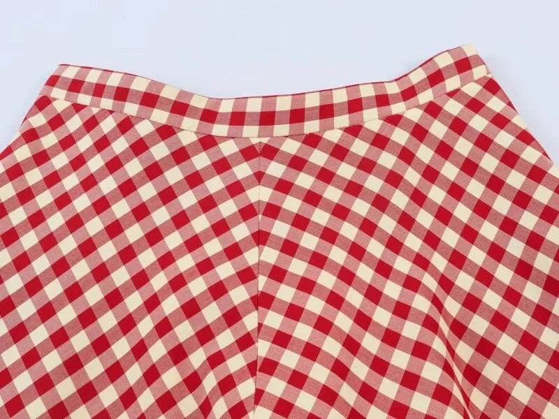 Women's Red Gingham A-Line Midi Skirt – High Waist, Flared Hem, Spring Casual Skirt for Picnic & Outdoor Outings