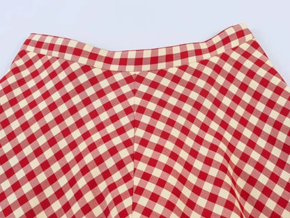 Women's Red Gingham A-Line Midi Skirt – High Waist, Flared Hem, Spring Casual Skirt for Picnic & Outdoor Outings