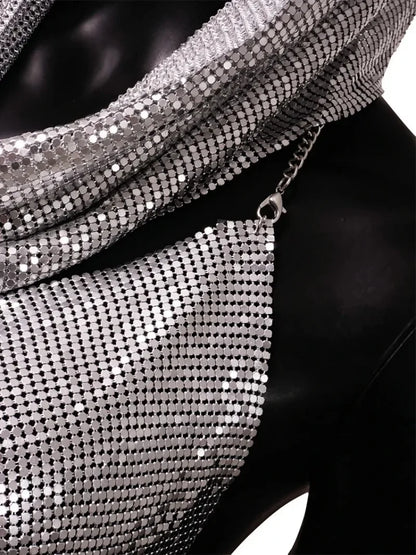 Fashion Metal Sequined Y2k Women Crop Top Tank Tops with Headscarf Metallic Sequins Sexy Backless Hollow Out Halter Corset top