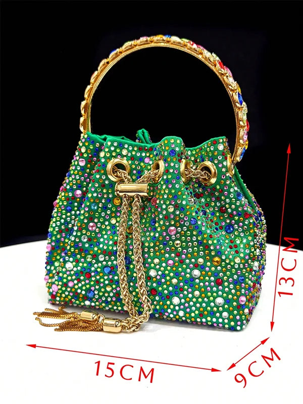 Shiny Italian Fashion Women’s Pointed Toe Heels with Rhinestone Detailing & Matching Green Color Bag Set