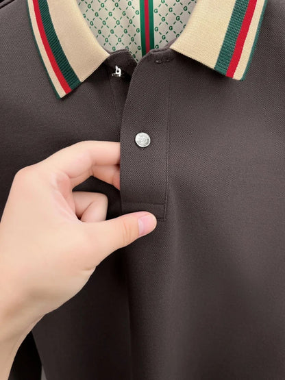 High end men's long sleeved polo shirt autumn fashion brand bee embroidery new business and casual color blocked lapel T-shirt