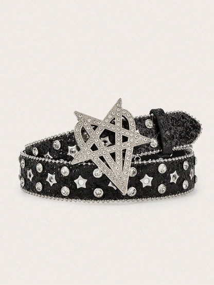 1pc Men's Y2K Punk Six-pointed Star Rhinestone Buckle Glitter Rhinestone Belt, A Versatile Belt To Match Jeans
