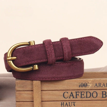 Genuine Leather Suede Women Belt Fashion Skinny Waistband Retro Gold Buckle Brown Belts for Jeans Pants