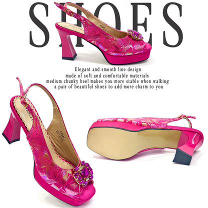 Elegant Women Heels for Peep Toe Good Material Design Rhinestone Fuchsia Sandals Italian Shoes and Bags Matching Set 2025