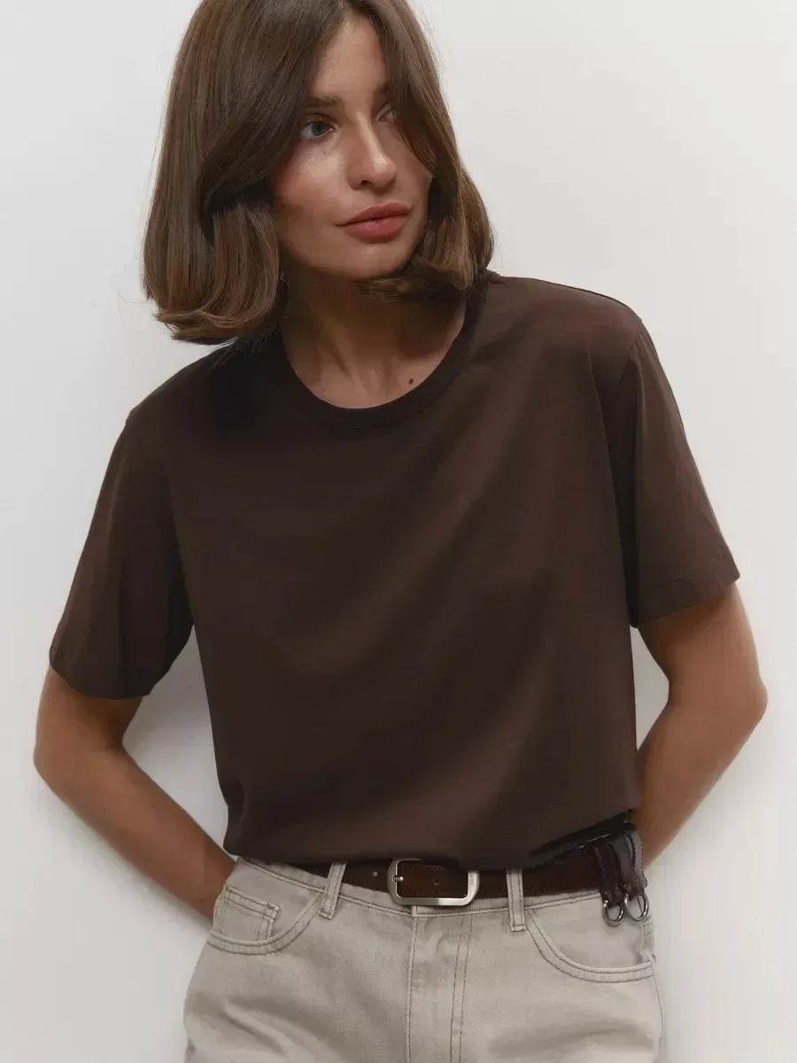 Summer 100% Cotton Women's T-shirt Bottoming Basic Fashionable Lady Short Sleeve Loose Tops Shirts Solid 230g/㎡ Tops